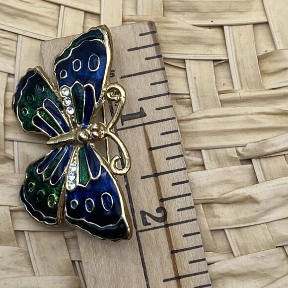 Vintage Butterfly Brooch Pin Green Blue Enamel Rhinestone Goldtone Boho Hippie - Picture 4 of 6